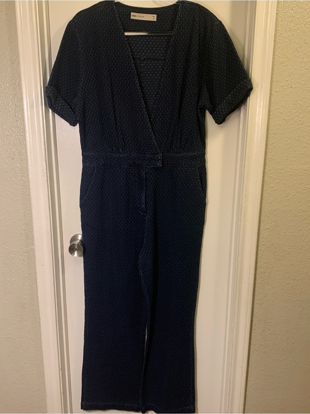 ASOS Denim Navy Textured Wrap-Front Jumpsuit Size 8